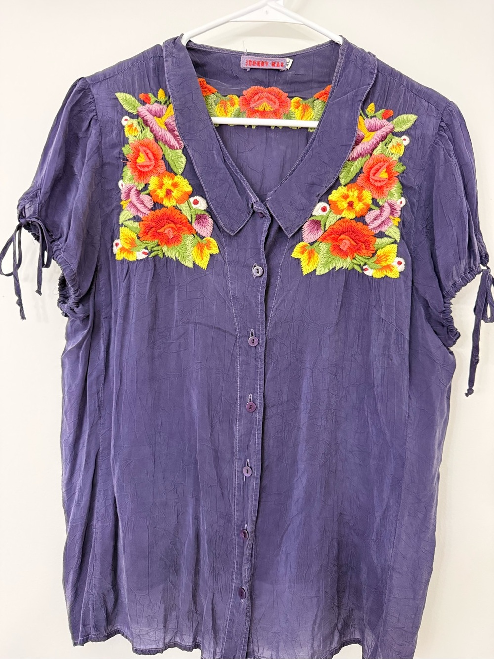 Johnny Was Purple Button-Front Top with Bright Floral Embroidery
